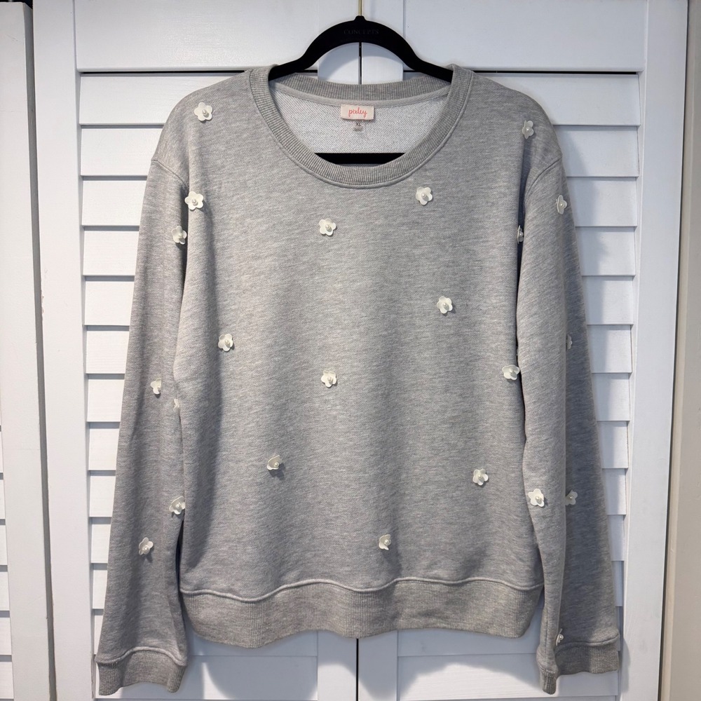 Pixley Women Grey Crewneck Sweatshirt Floral Applique Pearl Embellished XL